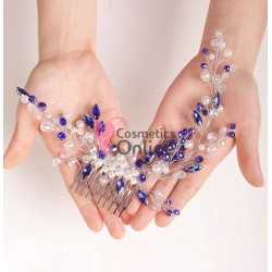 Accesoriu elegant pentru decor par AP013FF Argintiu cu cristale Argintii si Albastre si perle + 2 Agrafe